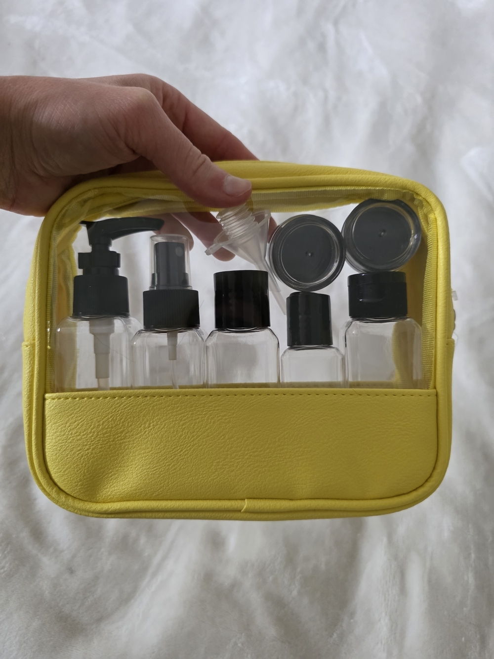 Clear Travel Toiletry Bottle Set in Yellow Pouch